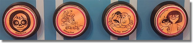 #107-110 Buttons Bing Bong's Sweet Things, DCA Miguel Skull, Bing Bong & Joy, Mr. & Mrs. Potato Head, Edna E Mode & Jack Jack. Disneyland Resort Souvenir Medallions.1-9-2024