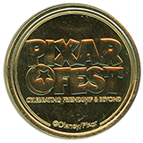 Reverse or backstamp  image "Pixar Fest, CELEBRATING FRIENDSHIP & BEYOND, ©Disney/Pixar"  Pixar Fest Medallions, Disneyland Resort.  First reported onstage April 26, 2024.