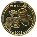 "Wall-E 2008" Disneyland Resort Souvenir Medallion. Wall-E logo at the top, 2008 at the bottom and an image of Wall-E and Eve at the center. 4-26-2024.