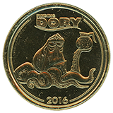"Finding Dory 2016" Disneyland Resort Souvenir Medallion. Finding Dory logo at the top, 2016 at the bottom and an image of Hank holding Dory inside a coffee pot at the center. 4-26-2024.
